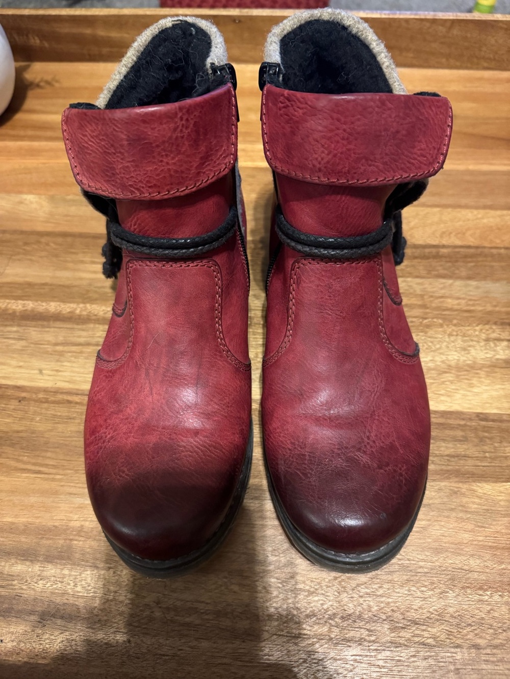 Rieker Women’s Red Leather Ankle Boots with Tan Wool Trim, size 8.5